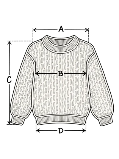 Maßdiagramm eines Pullovers mit Strickdetails